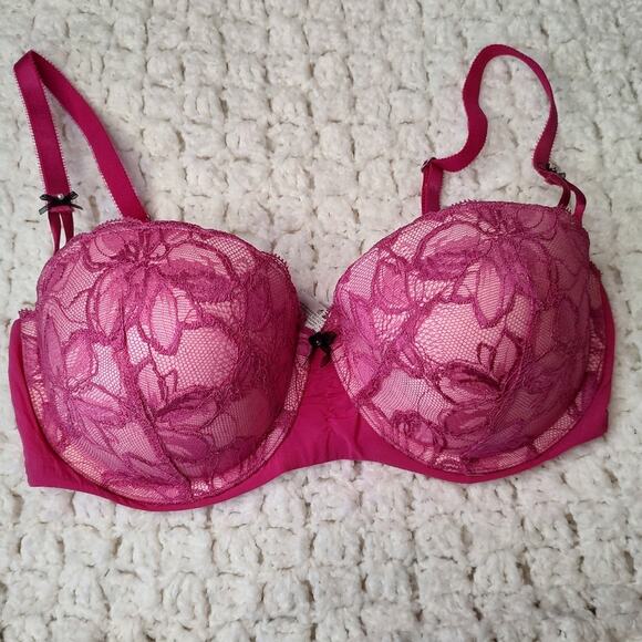 Victoria's Secret Magenta Pink Floral Lace Balconette Bra Size 34D - Picture 1 of 9